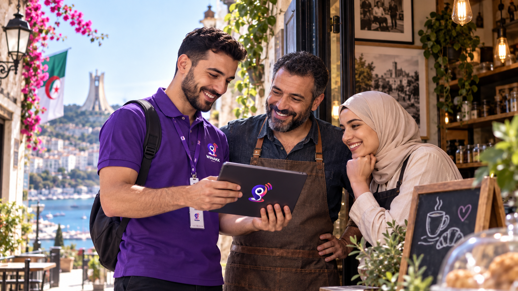 Un partenaire WINAKK présentant l’application aux gérants d’un café en Algérie.